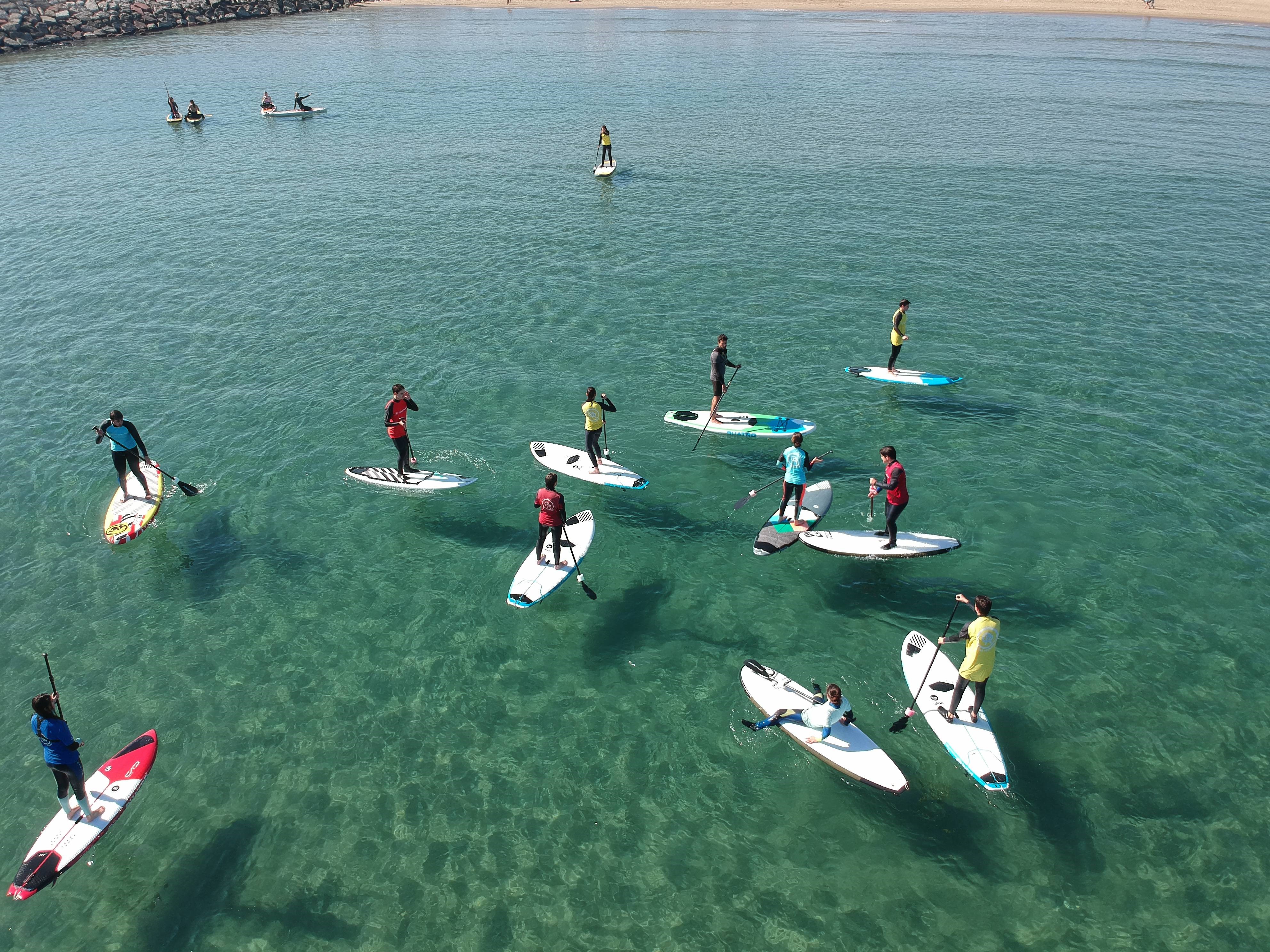 turistas practicando paddle surf en la playa