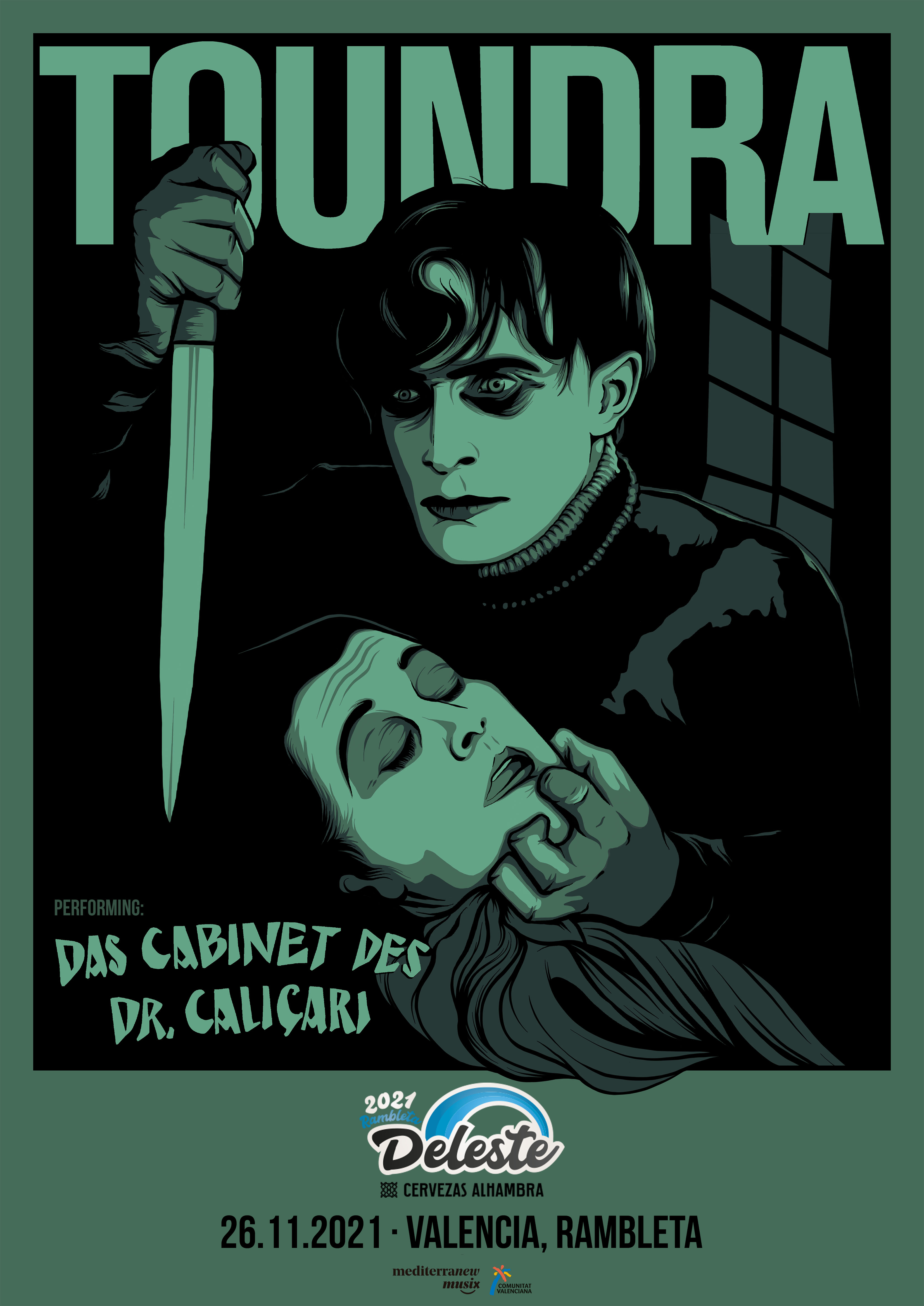 Poster del espectáculo TOUNDRA dos sujetos en primer plano, uno sujetando un cuchillo y otro encogido de terror